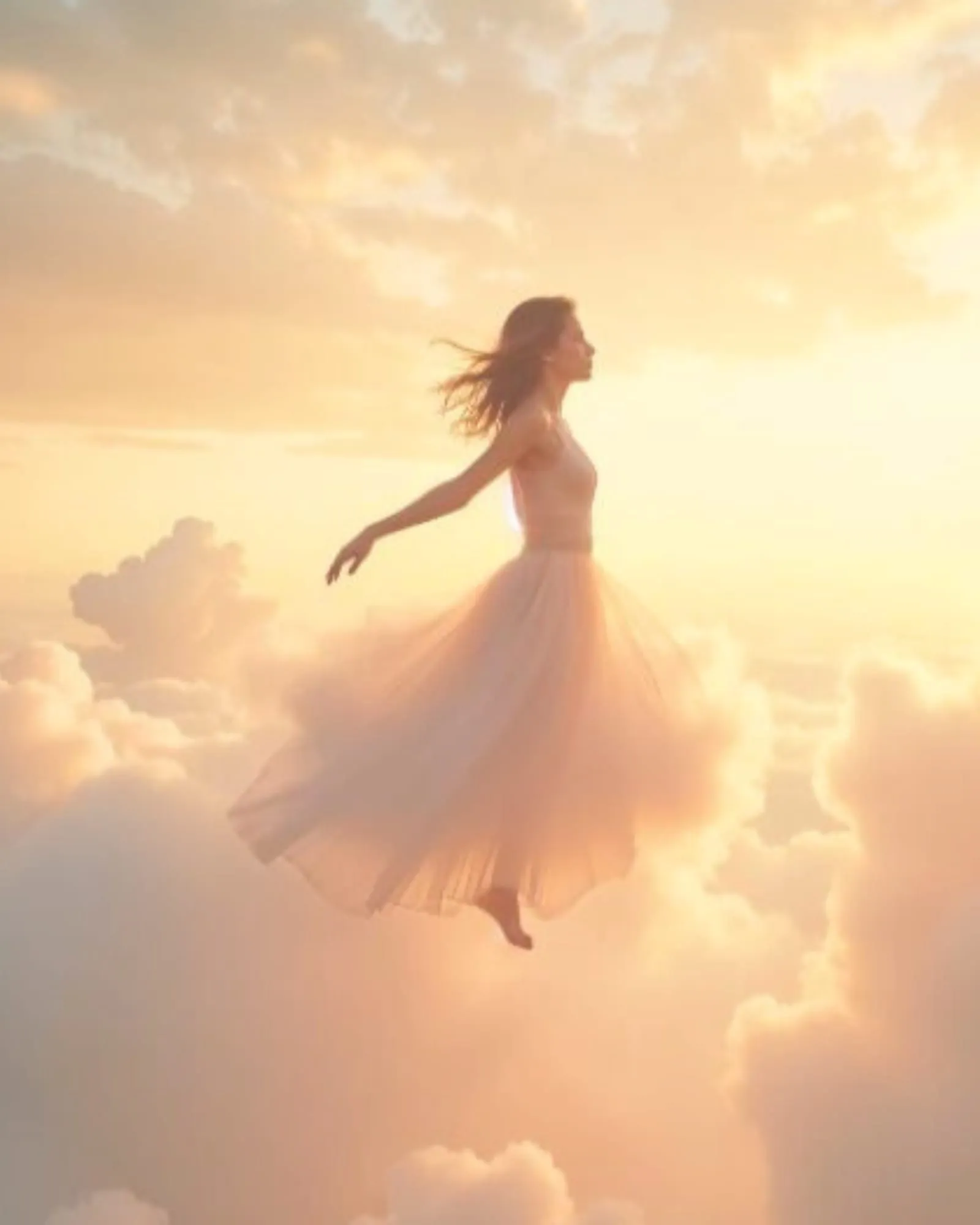 Silhouette d'une femme en robe légère, flottant au-dessus des nuages