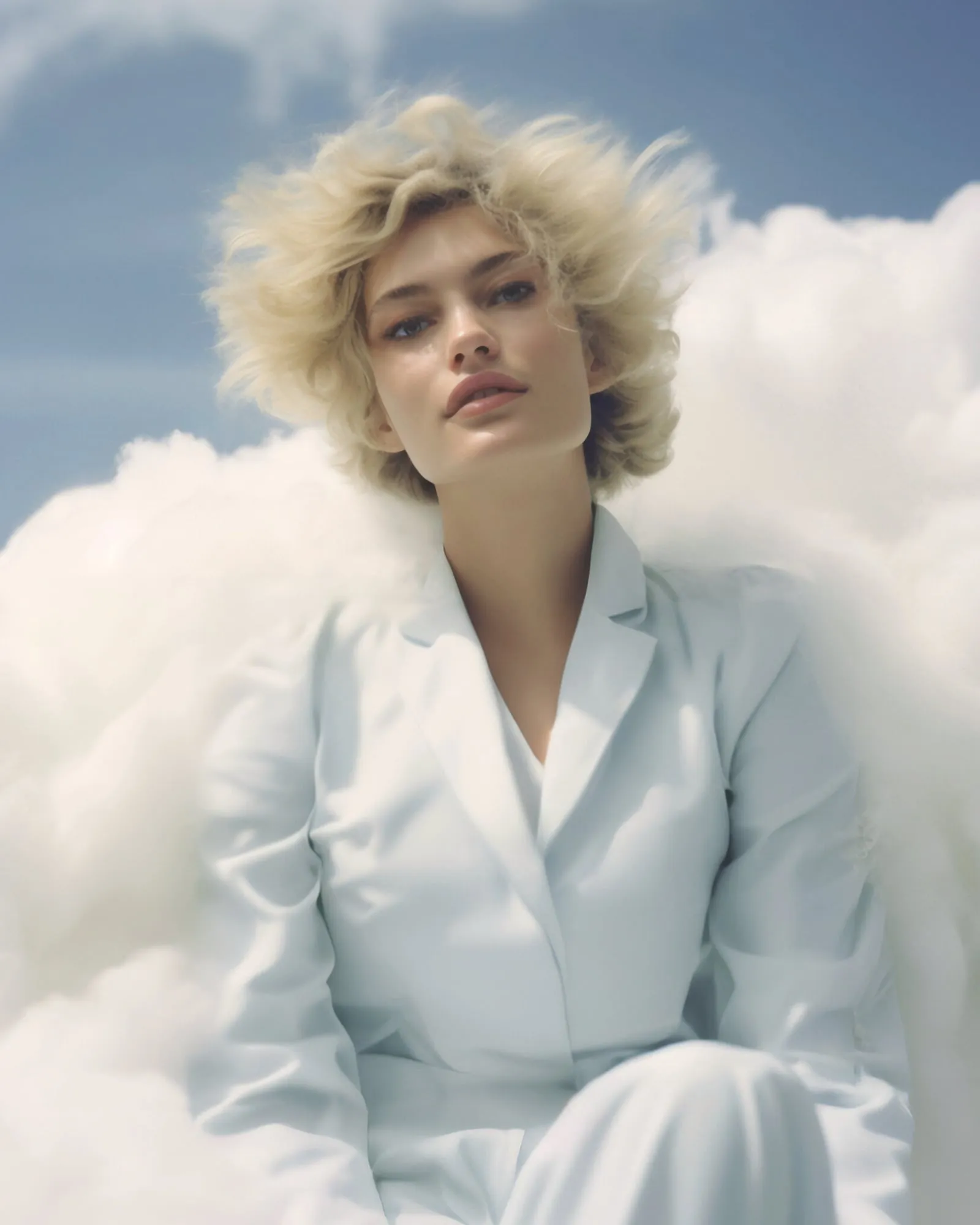 Femme au regard confiant, assise au milieu des nuages